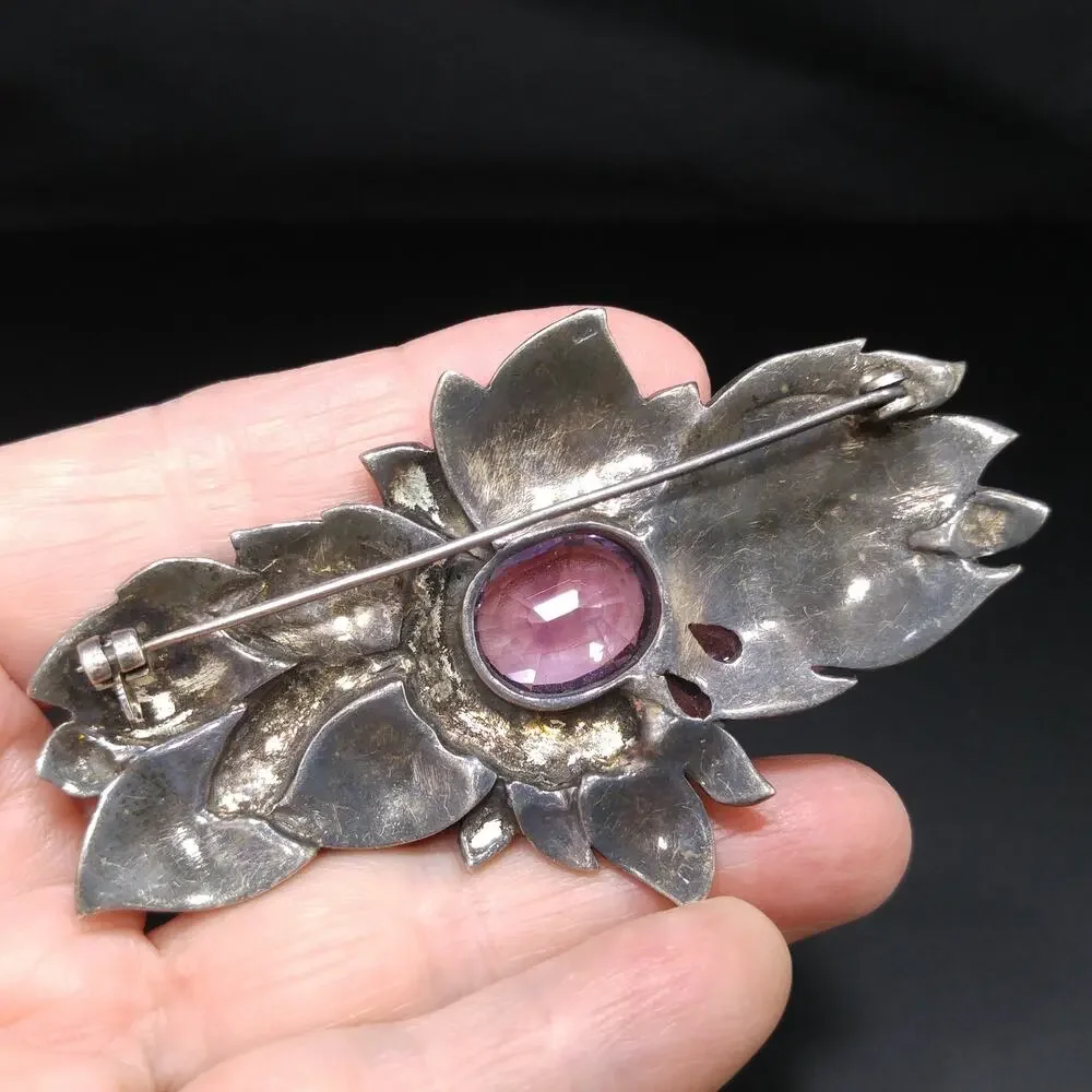 Amethyst Sterling Silver Marcasite Brooch, Artisan Made, 1950s Vintage Jewelry
